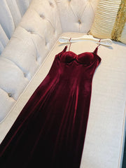 Elegant Sheath Spaghetti Straps Burgundy Velvet Sleeveless Long Evening Party Gowns Evening Formal Dresses Prom Dress W950