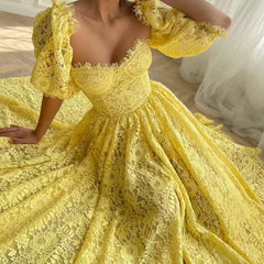 Elegant A line Sweetheart Lace Yellow Sleeveless Long Evening Party Gowns Evening Formal Dresses Prom Dress W957