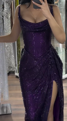 Classy Mermaid Strapless Purple Girls Sequin Grape Sequin Long Prom Dresses Party Dress Birthday Outfits Graduation Dresses W992
