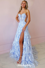 Ruffle Light Blue Plunging V-Neck A-Line Prom Gown with Sequin