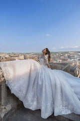 Weitese Prom Dress In Store Elegant Fairytale Romance Lace Long Sleeves Applique A-line Wedding Dress With Long Train Dress For Wedding