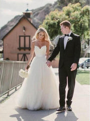 A Line Sweetheart Neck  Ivory Wedding Dress with Sash, Sweetheart Neck Formal Dresses, Prom Dresses