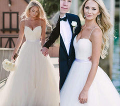 A Line Sweetheart Neck  Ivory Wedding Dress with Sash, Sweetheart Neck Formal Dresses, Prom Dresses