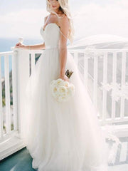 A Line Sweetheart Neck  Ivory Wedding Dress with Sash, Sweetheart Neck Formal Dresses, Prom Dresses