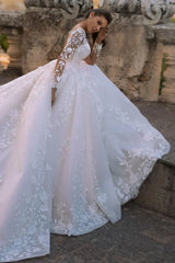 Weitese Prom Dress In Store Elegant Fairytale Romance Lace Long Sleeves Applique A-line Wedding Dress With Long Train Dress For Wedding