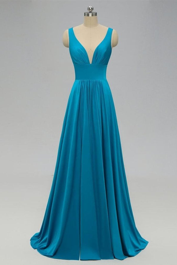 Elegante A-Line Sexy V Neck Gold Lange bescheiden zijkant blauwe bruidsmeisjesjurk