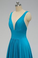 Elegante A-Line Sexy V Neck Gold Lange bescheiden zijkant blauwe bruidsmeisjesjurk