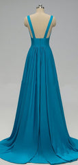 Elegante A-Line Sexy V Neck Gold Lange bescheiden zijkant blauwe bruidsmeisjesjurk
