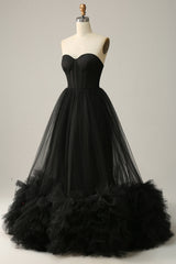 Black Corset Sweetheart Long Prom Dress with Ruffles