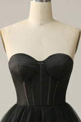 Black Corset Sweetheart Long Prom Dress with Ruffles