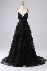 A Line Spaghetti Straps Navy Long Prom Dress with Ruffles