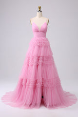 A Line Spaghetti Straps Navy Tiered Prom Dress
