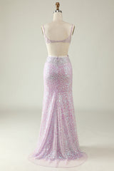 Sheath V Neck Lilac Sequins Long Prom Dress with Split Front
