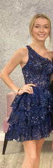 Sparkly Black Tiered Lace One Shoulder Short Homecoming Dress