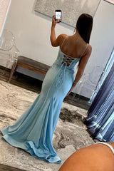 Wholesale Glitter Light Blue Spaghetti Straps Mermaid Lace Up Long Prom Dress with Slit prom dresses shops