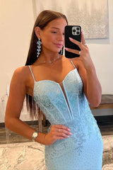Wholesale Glitter Light Blue Spaghetti Straps Mermaid Lace Up Long Prom Dress with Slit prom dresses shops