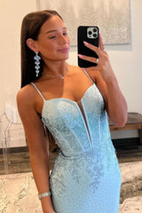 Wholesale Glitter Light Blue Spaghetti Straps Mermaid Lace Up Long Prom Dress with Slit prom dresses shops
