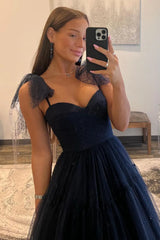 Wholesale Dark Navy A-Line Tie Straps Zipper Back Long Tulle Prom Dress prom dresses shops