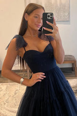 Wholesale Dark Navy A-Line Tie Straps Zipper Back Long Tulle Prom Dress prom dresses shops