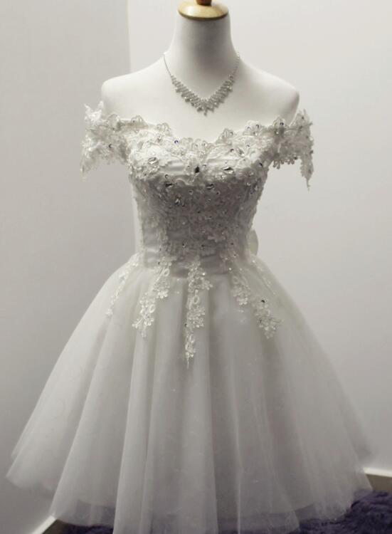 Gorgeous White Off Shoulder Tulle Lace and Beaded Homecoming Dresses, Cute Party Dress