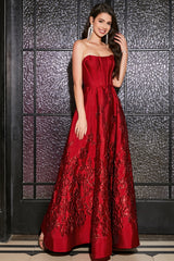 A-Line Strapless Elegant Princess Dark Red Long Prom Dress with 3D Flowers