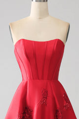 Elegant Princess A-Line Strapless Dark Red Long Prom Dress with 3D Flowers