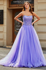 Stunning A Line Strapless Lilac Long Prom Dress with Beading