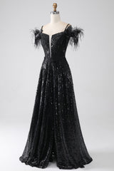 A-Line Cold Shoulder Sequins Long Prom Dress with Slit