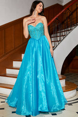 A-Line Blue Corset Prom Dress with Beading
