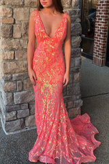 Wholesale Coral Sparkly Mermaid V-Neck Long Tight Prom Party Dress prom dresses shops