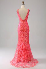 Coral Charming Mermaid Deep V Neck Sparkly Sequin Prom Dress with Embroidery