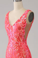 Coral Charming Mermaid Deep V Neck Sparkly Sequin Prom Dress with Embroidery