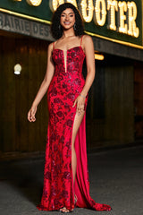 Stylish Mermaid Spaghetti Straps Dark Red Corset Prom Dress with Split Front