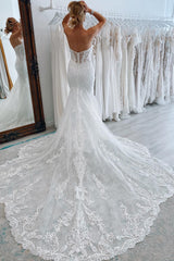 Jream | White Long Tulle Mermaid Wedding Dress with Lace Appliques