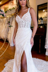 Sheath Long Lace V-Neck Wedding Dress with Slit