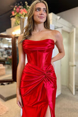 Wholesale Stylish Mermaid Strapless Lace Up Long Satin Prom Dress With Split prom dresses with long sleeves