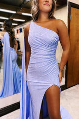 Wholesale Glitter Lilac Mermaid One Shoulder Long Beaded Prom Dress with Shawl prom dresses shops