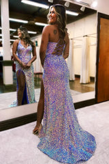 Wholesale Sparkly Light Purple Lace-Up Back Long Sequin Prom Dress with Fringe prom dresses with long sleeves
