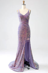 Wholesale Sparkly Light Purple Lace-Up Back Long Sequin Prom Dress with Fringe prom dresses with long sleeves