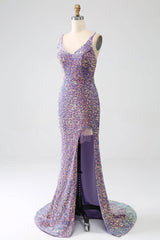 Wholesale Sparkly Light Purple Lace-Up Back Long Sequin Prom Dress with Fringe prom dresses with long sleeves