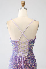 Wholesale Sparkly Light Purple Lace-Up Back Long Sequin Prom Dress with Fringe prom dresses with long sleeves