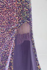 Wholesale Sparkly Light Purple Lace-Up Back Long Sequin Prom Dress with Fringe prom dresses with long sleeves