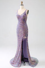 Sparkly Mermaid Light Purple Sequins Prom Dress with Slit