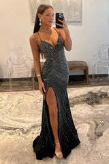 Wholesale Gorgeous Black Mermaid Lace Up Long Corset Beaded Prom Dress With Slit long prom dresses with sleeves