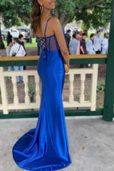 Wholesale Royal Blue Mermaid Spaghetti Straps Long Satin Prom Dress With Split prom dresses shops