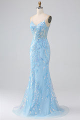 Sparkly Light Blue Mermaid Spaghetti Straps Long Prom Dress With Beading