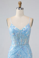 Sparkly Light Blue Mermaid Spaghetti Straps Long Prom Dress With Beading
