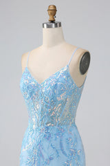 Sparkly Light Blue Mermaid Spaghetti Straps Long Prom Dress With Beading