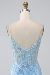 Sparkly Light Blue Mermaid Spaghetti Straps Long Prom Dress With Beading