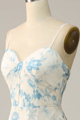 Spaghetti Straps White Blue Flower Floral Long Bridesmaid Dress